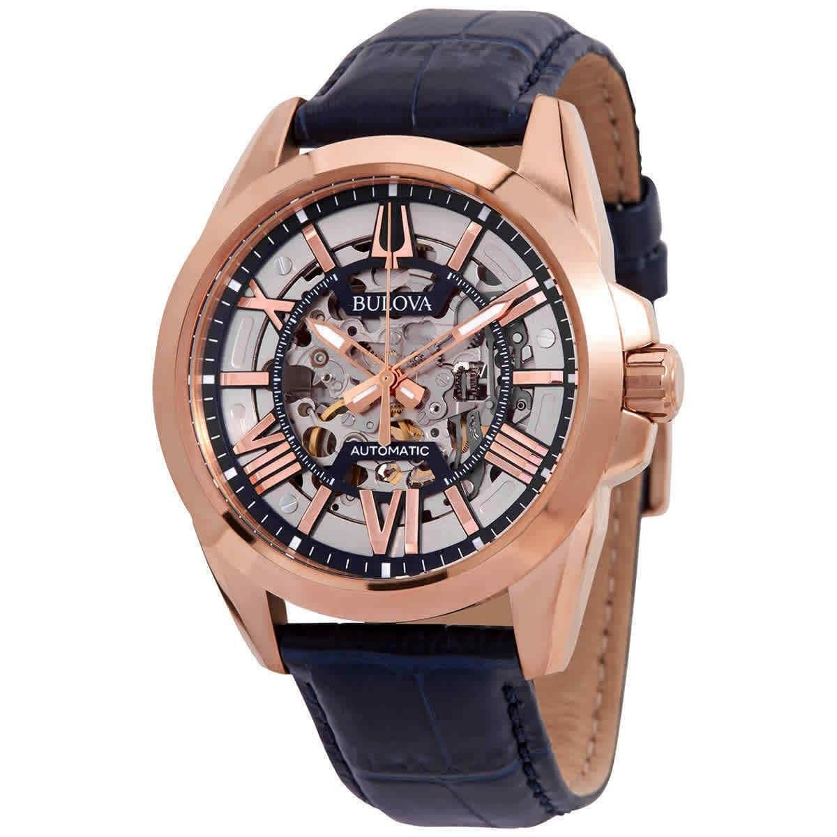 Bulova - Sutton Automatic 21 Jewels 97A161 Mens Watch Skeleton Dial Leather Strap 100M - Rose gold-tone