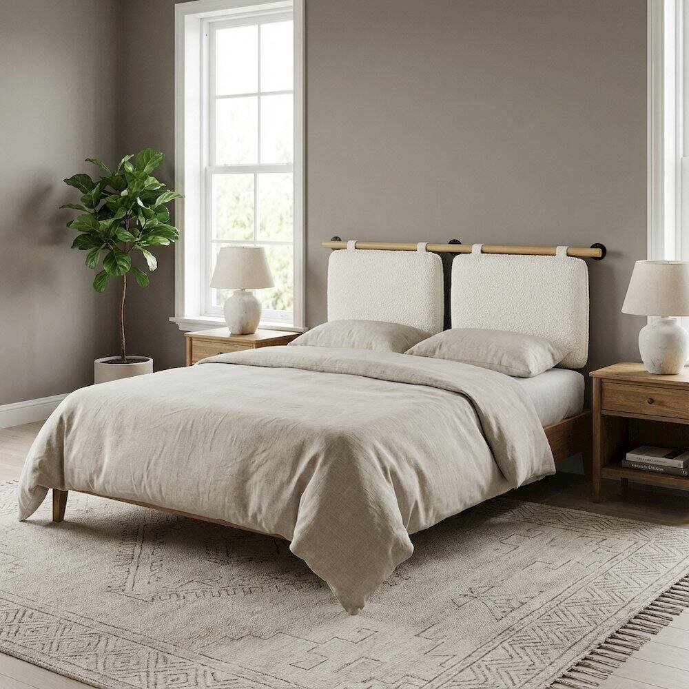 Left. FurniFact - Chenille Upholstered Queen Headboard Wall-Mounted, Soft Texture, Durable Design - Beige.