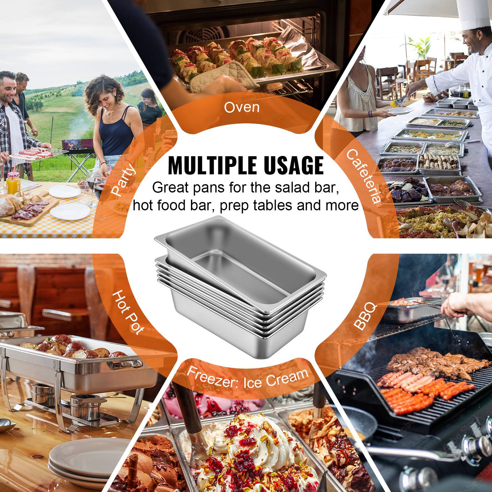 Sure, here is the corrected and grouped text:

---

**MULTIPLE USAGE**

Great pans for the salad bar, hot food bar, prep tables and more

- Oven
- Party
- Cafeteria
- Hot Pot
- Freezer: Ice Cream
- BBQ

---