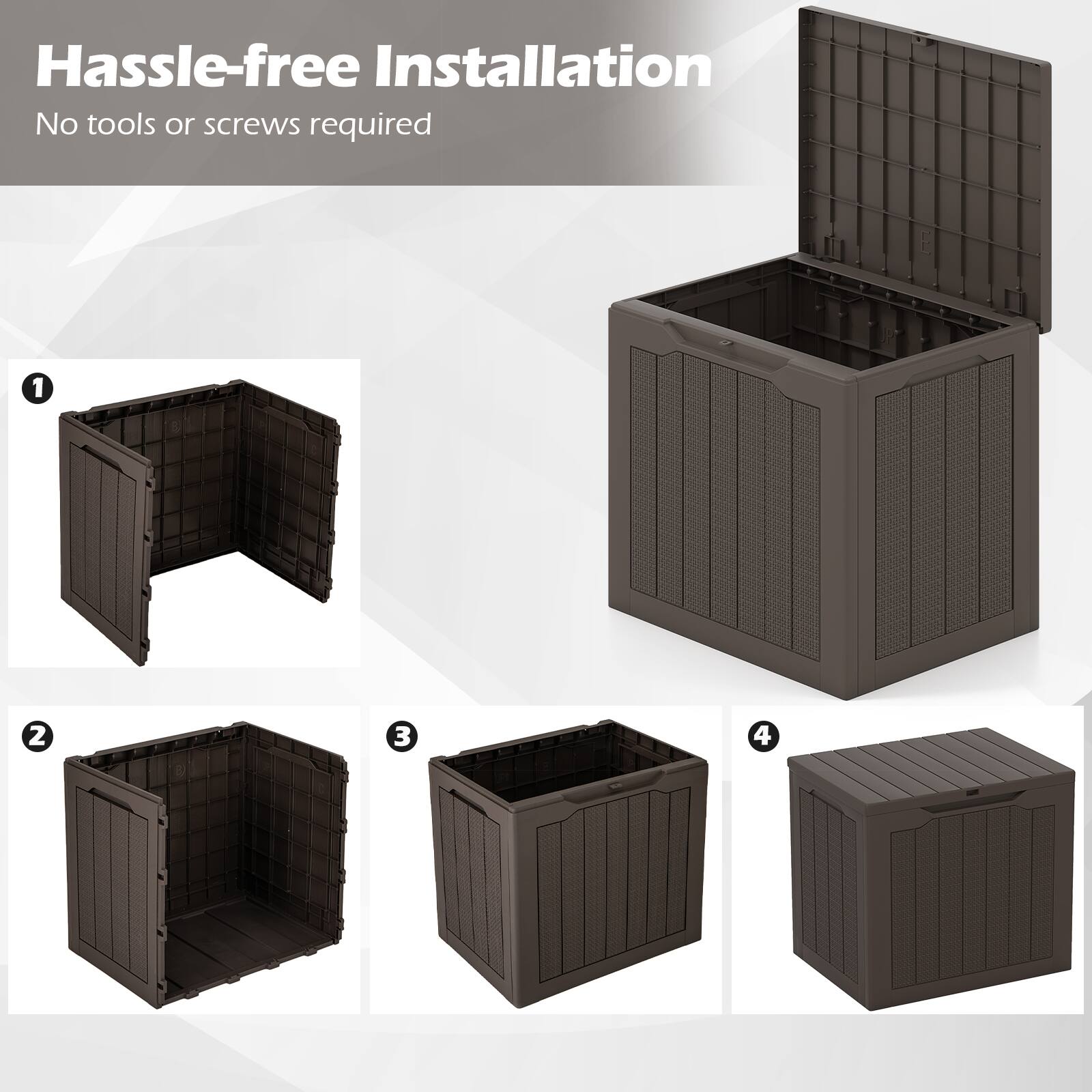 Hassle-free Installation  
No tools or screws required  

1  
2  
3  
4