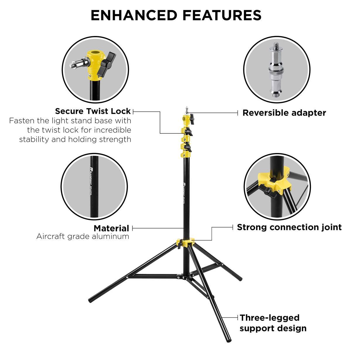 ENHANCED FEATURES

Secure Twist Lock
Fasten the light stand base with the twist lock for incredible stability and holding strength.

Reversible adapter

Material
Aircraft grade aluminum

Strong connection joint

Three-legged support design