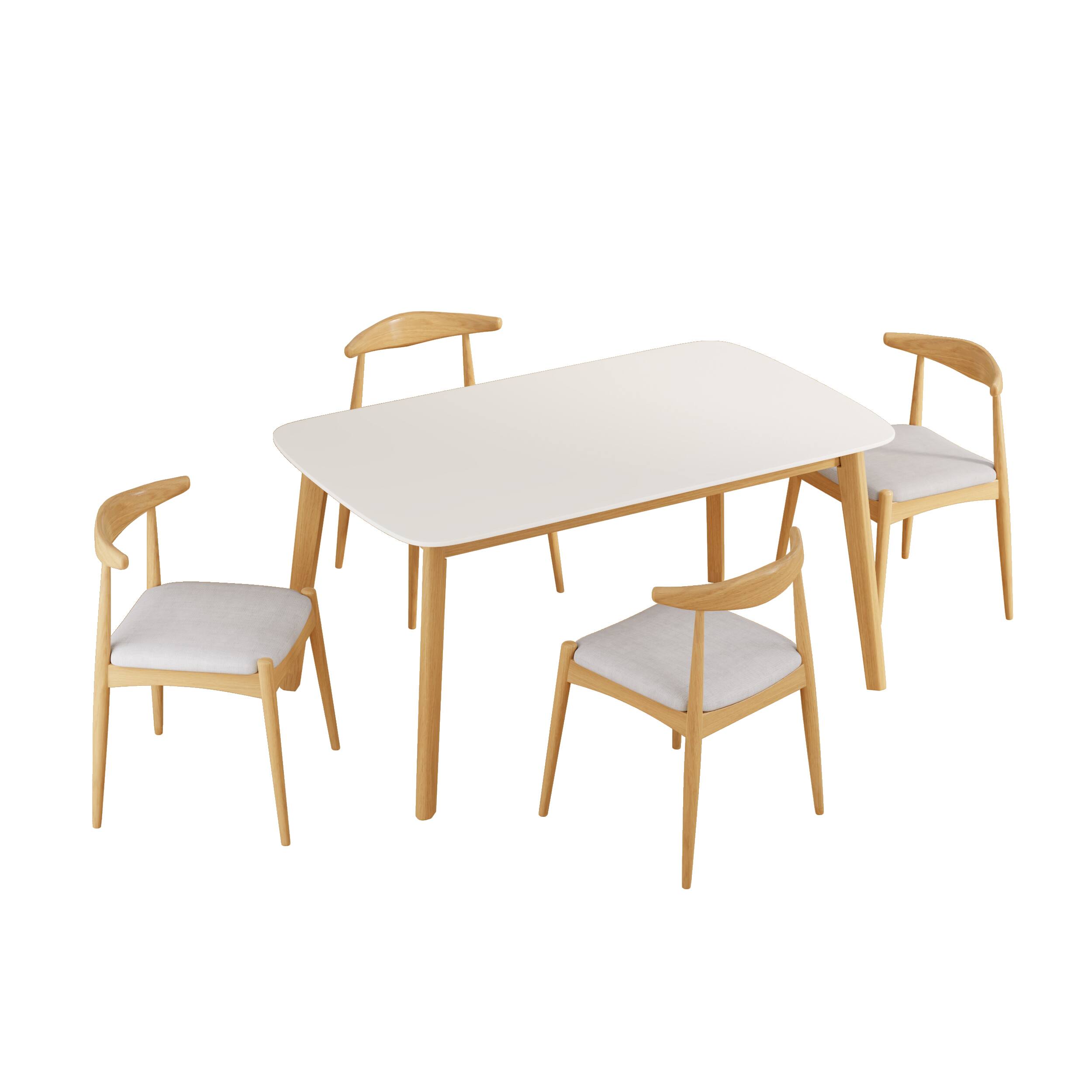 Back. TinyHomie - 5-Piece Mid-Century Modern Dining Set - Solid Wood Frame Table and 4 Beige Upholstered Chairs - Beige and White and Oak.