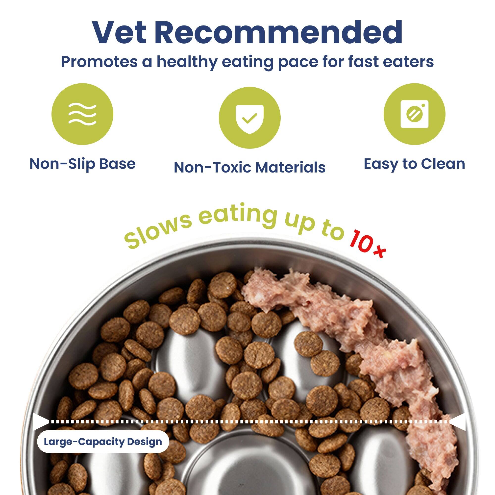 Vet Recommended  
Promotes a healthy eating pace for fast eaters  

- Non-Slip Base  
- Non-Toxic Materials  
- Easy to Clean  

Slows eating up to 10x  

Large-Capacity Design