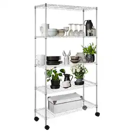 Winado - 65" x 36" x 14" 5 Tier Commercial NSF Heavy Duty Storage Shelf Adjustable Wire Metal Shelving Rack Unit w/Rolling Wheels - Silver