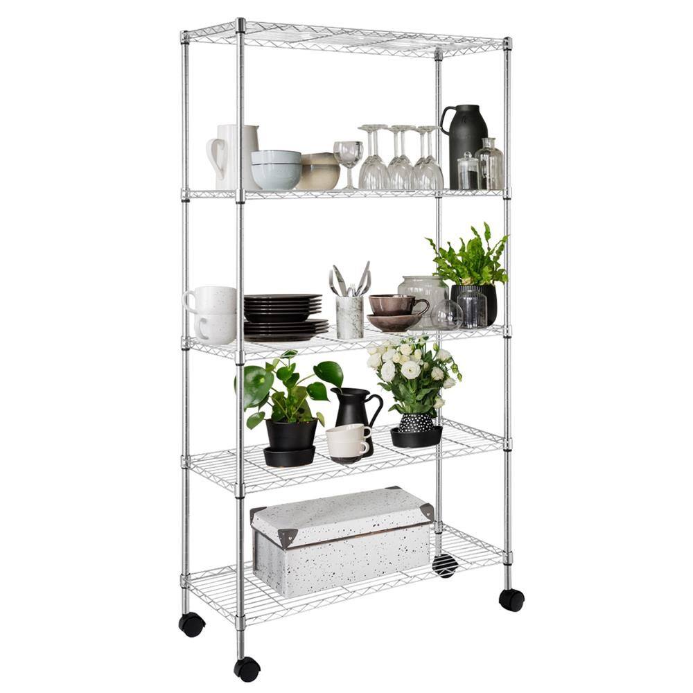 Front. Winado - 65 x36 x14" 5 Tier Storage Shelf Adjustable Wire Metal Shelving Rack w/Rolling - Silver.