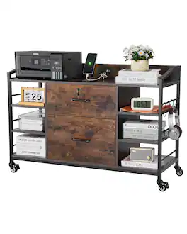 VEVOR - Drawers Metal File Cabinet, Lateral Filing Cabinet with Lock and 6 Open Shelves, Wooden Wide Filing Storage Cabinets - Brown