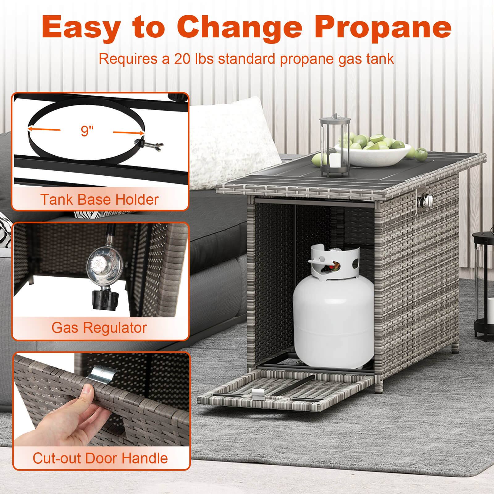 Easy to Change Propane  
Requires a 20 lbs standard propane gas tank  

- Tank Base Holder (9")  
- Gas Regulator  
- Cut-out Door Handle