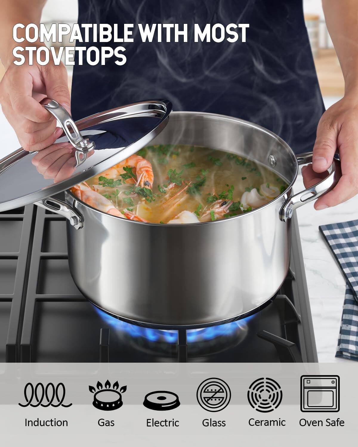COMPATIBLE WITH MOST STOVETOPS

Induction
Gas
Electric
Glass
Ceramic
Oven Safe