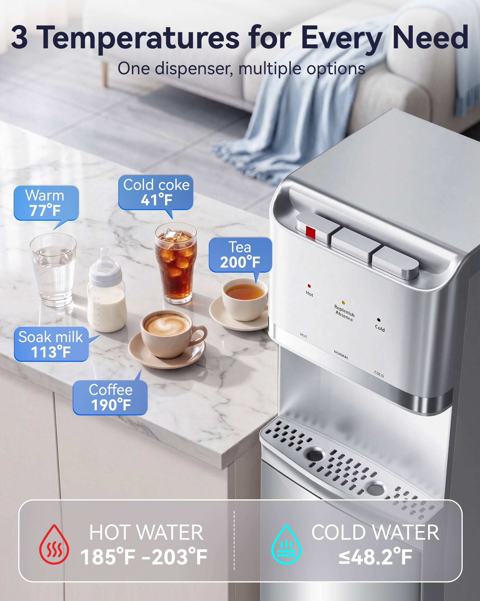 3 Temperatures for Every Need  
One dispenser, multiple options

- Warm 77°F
- Cold coke 41°F
- Tea 200°F
- Soak milk 113°F
- Coffee 190°F

HOT WATER 185°F - 203°F  
COLD WATER ≤48.2°F