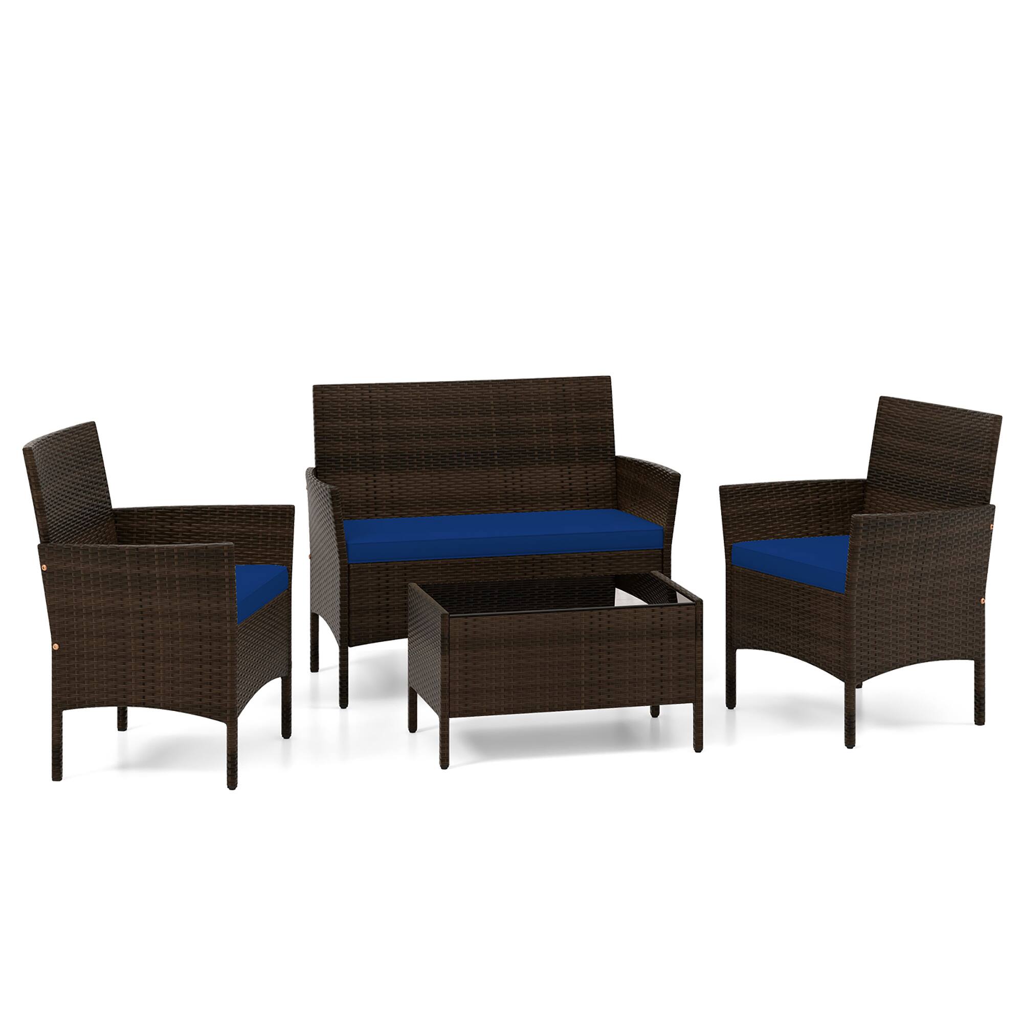Alt View 9. Gymax - Gymax 4 PCS Patio Rattan Conversation Set Outdoor Wicker Furniture Set w/ Chair & Loveseat - Brown, Navy.