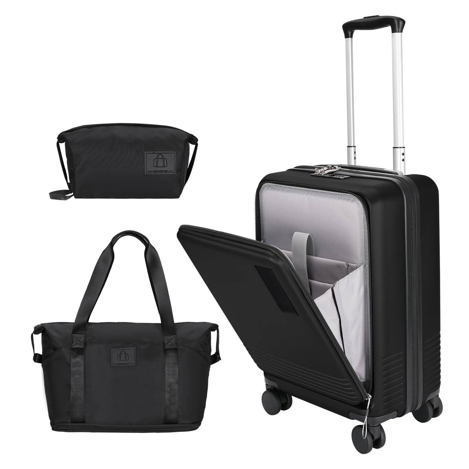 Dapper Styles - Carry On Luggage Front Open Pocket Extension Bag Abs pc Suitcase - Black-20in/TB/HB