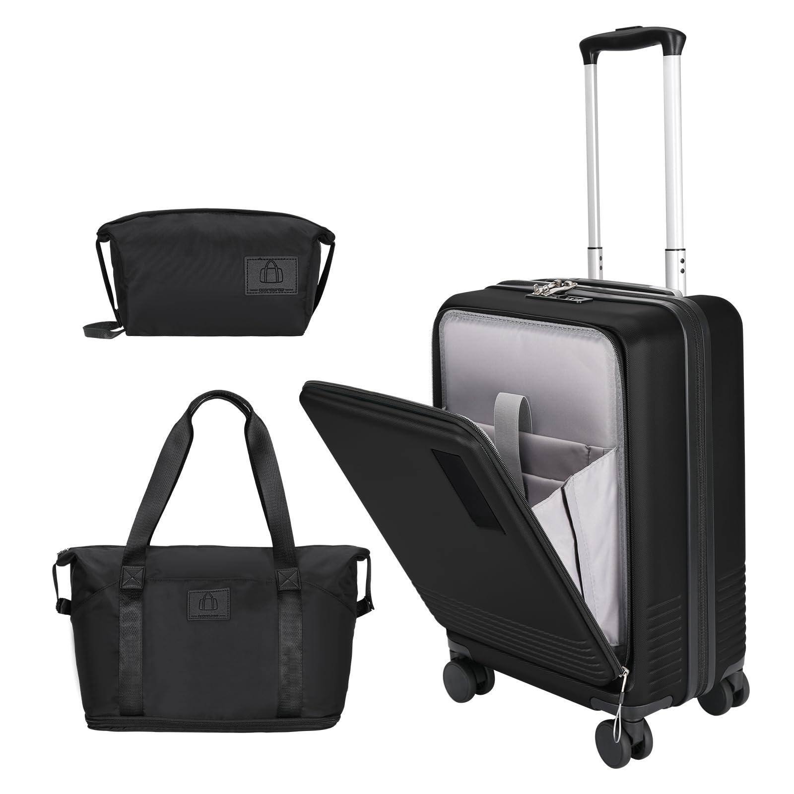 Dapper Styles - Carry On Luggage Front Open Pocket Extension Bag Abs pc Suitcase - Black-20in/TB/HB