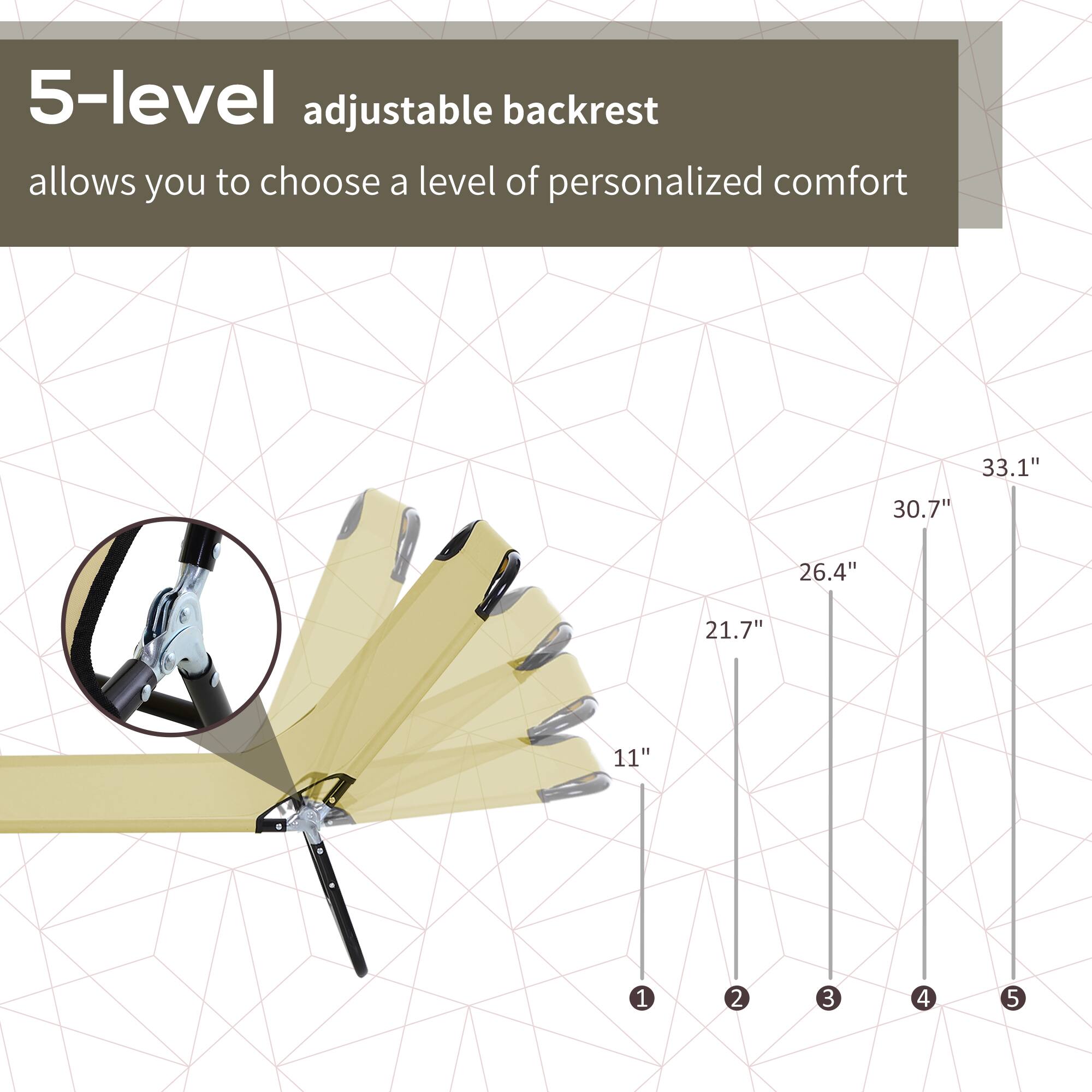 5-level adjustable backrest allows you to choose a level of personalized comfort

1. 11"
2. 21.7"
3. 26.4"
4. 30.7"
5. 33.1"