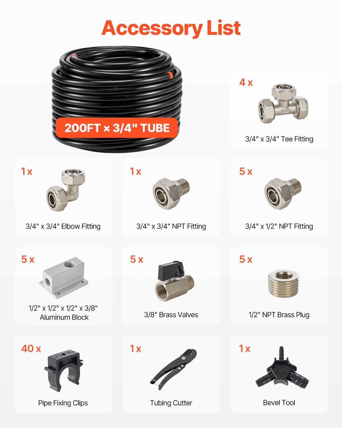Accessory List

- 4 x 200FT x 3/4" TUBE
- 1 x 3/4" x 3/4" Tee Fitting
- 1 x 3/4" x 3/4" Elbow Fitting
- 1 x 3/4" x 3/4" NPT Fitting
- 5 x 3/4" x 1/2" NPT Fitting
- 5 x 1/2" x 1/2" x 1/2" x 3/8" Aluminum Block
- 5 x 3/8" Brass Valves
- 1 x 1/2" NPT Brass Plug
- 40 x Pipe Fixing Clips
- 1 x Tubing Cutter
- 1 x Bevel Tool