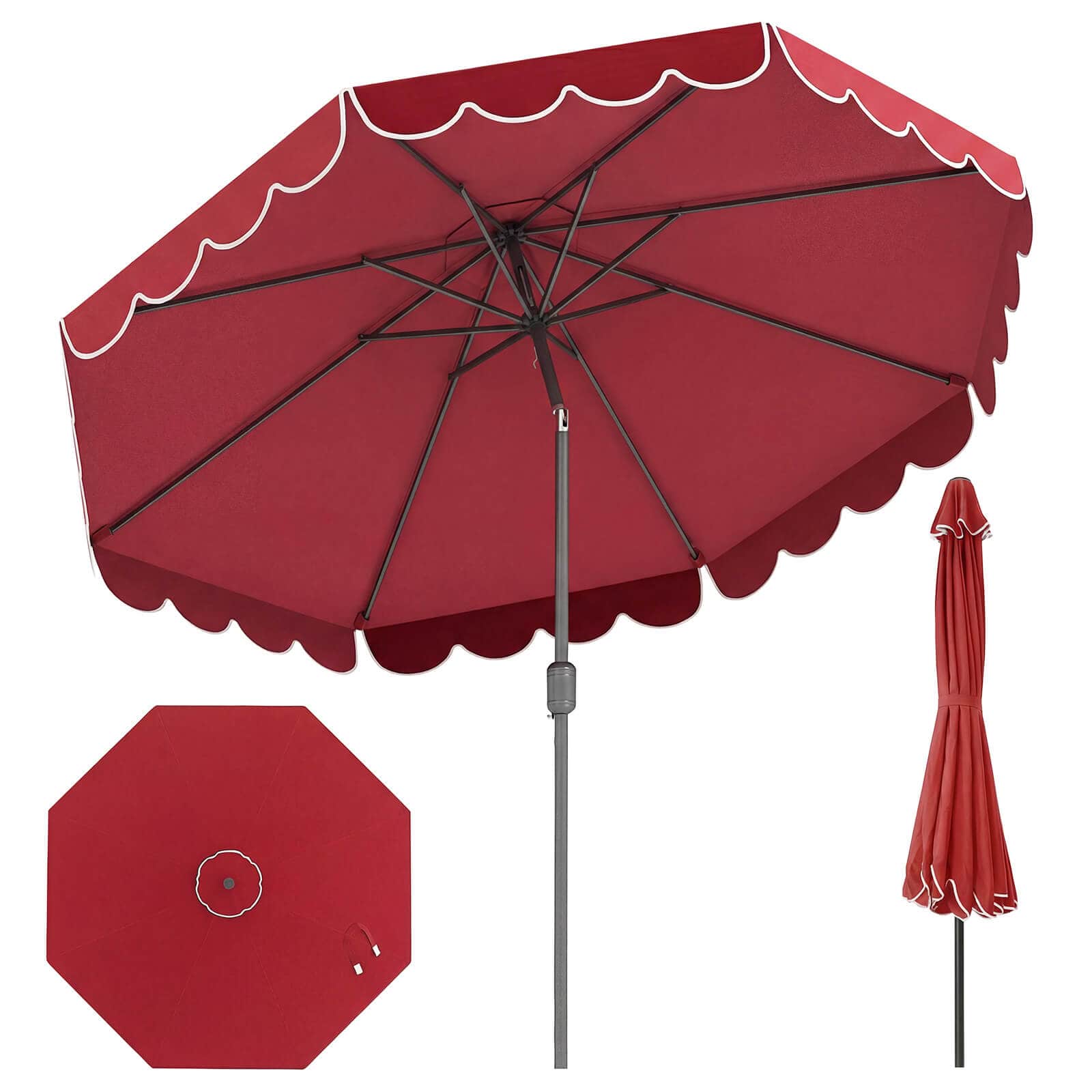 Costway - 10 FT Patio Umbrella with Crank Tilt Adjustment Ruffles Vented Top 8 Ribs - Red