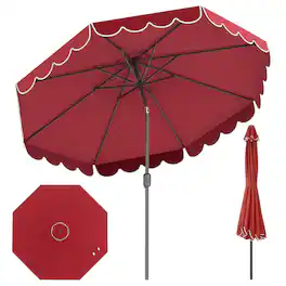 Costway - 10 FT Patio Umbrella with Crank Tilt Adjustment Ruffles Vented Top 8 Ribs - Red