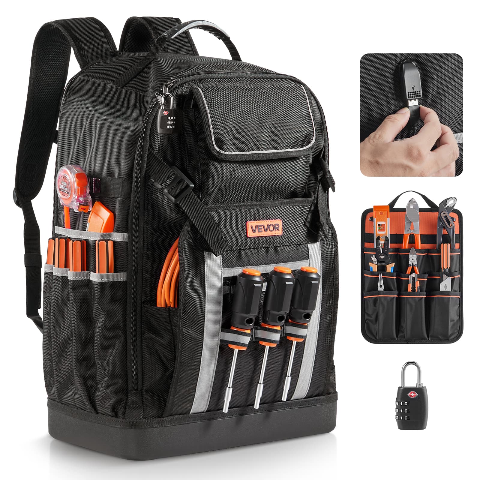 VEVOR - Tool Backpack, 56 Pockets, Heavy-duty Tools Storage Organizer Bags with Molded Base, Electrician Jobsite Backpack - Black Gray & Black Orange