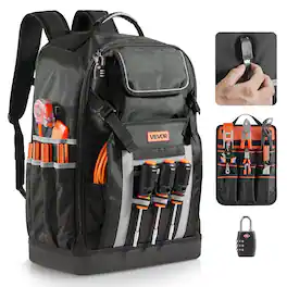 VEVOR - Tool Backpack, 56 Pockets, Heavy-duty Tools Storage Organizer Bags with Molded Base, Electrician Jobsite Backpack - Black Gray & Black Orange