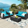Front. Gymax - Gymax 4PCS Rattan Patio Conversation Set Outdoor Furniture Set w/ Turquoise Cushions - Turquoise.
