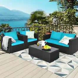 Gymax - 4PCS Rattan Patio Conversation Set Outdoor Furniture Set w/ Cushions - Turquoise