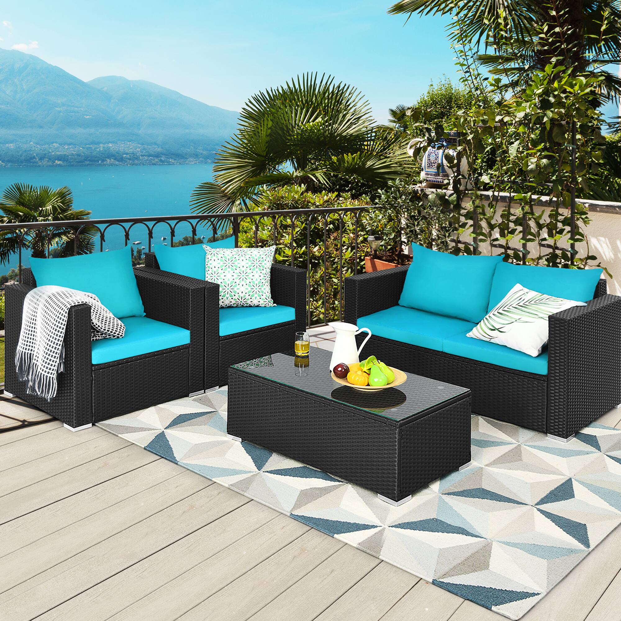 Front. Gymax - Gymax 4PCS Rattan Patio Conversation Set Outdoor Furniture Set w/ Turquoise Cushions - Turquoise.