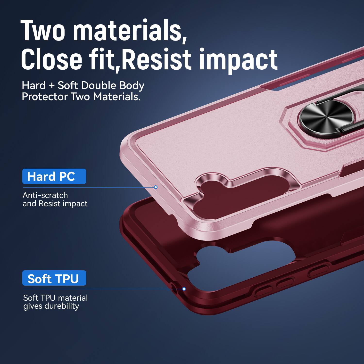Two materials, Close fit, Resist impact  
Hard + Soft Double Body Protector Two Materials.  
Hard PC Anti-scratch and Resist impact  
Soft TPU Soft TPU material gives durability