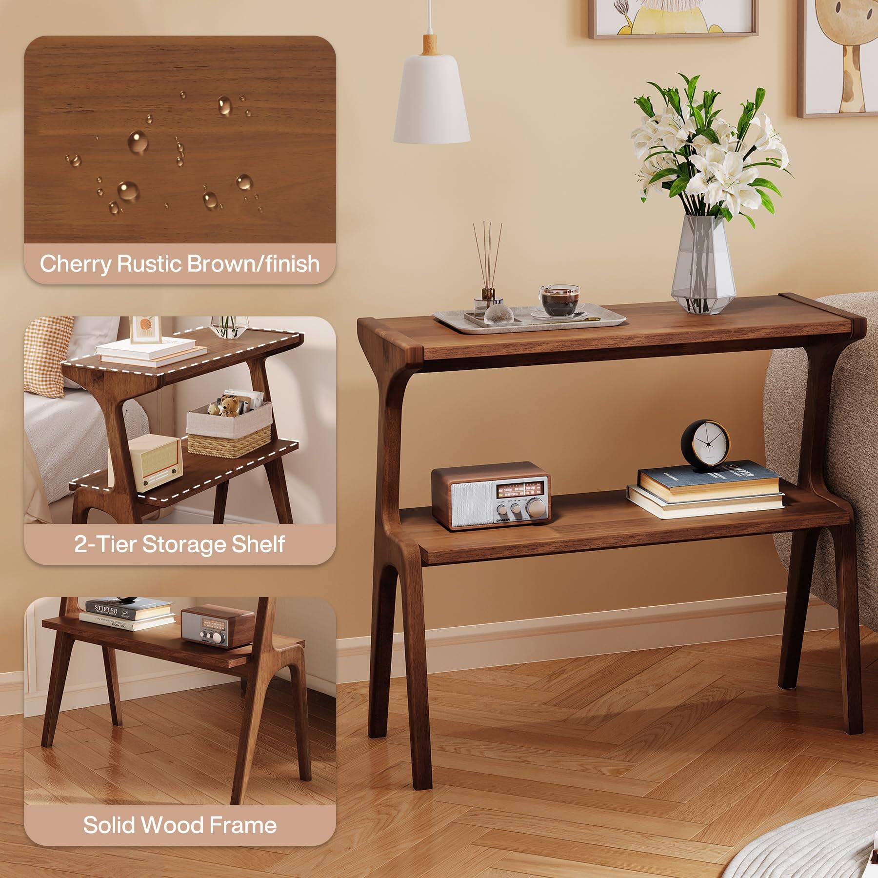 Cherry Rustic Brown/finish  
2-Tier Storage Shelf  
Solid Wood Frame