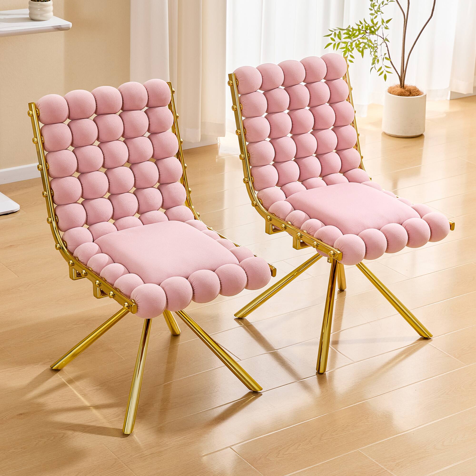 Angle. Loheer - Loheer Pink Accent Chair Velvet Swivel Side Chair with Gold Metal Legs, Bubble Tufted Armless Seat, 1.63 ft - Gold,Pink.