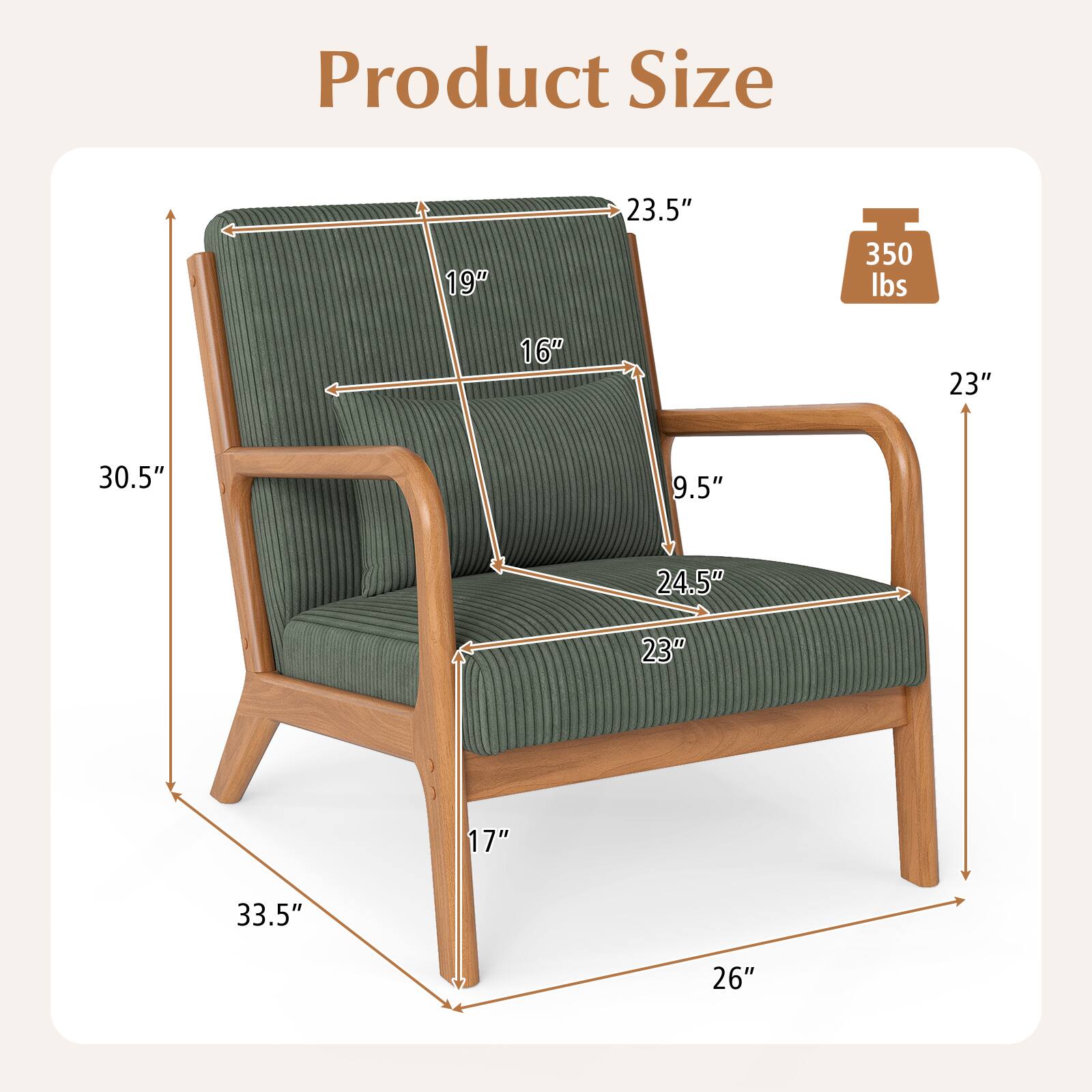 Product Size  
19" x 23.5" x 350 lbs  
16" x 23" x 30.5"  
9.5" x 24.5" x 23"  
17" x 33.5" x 26"