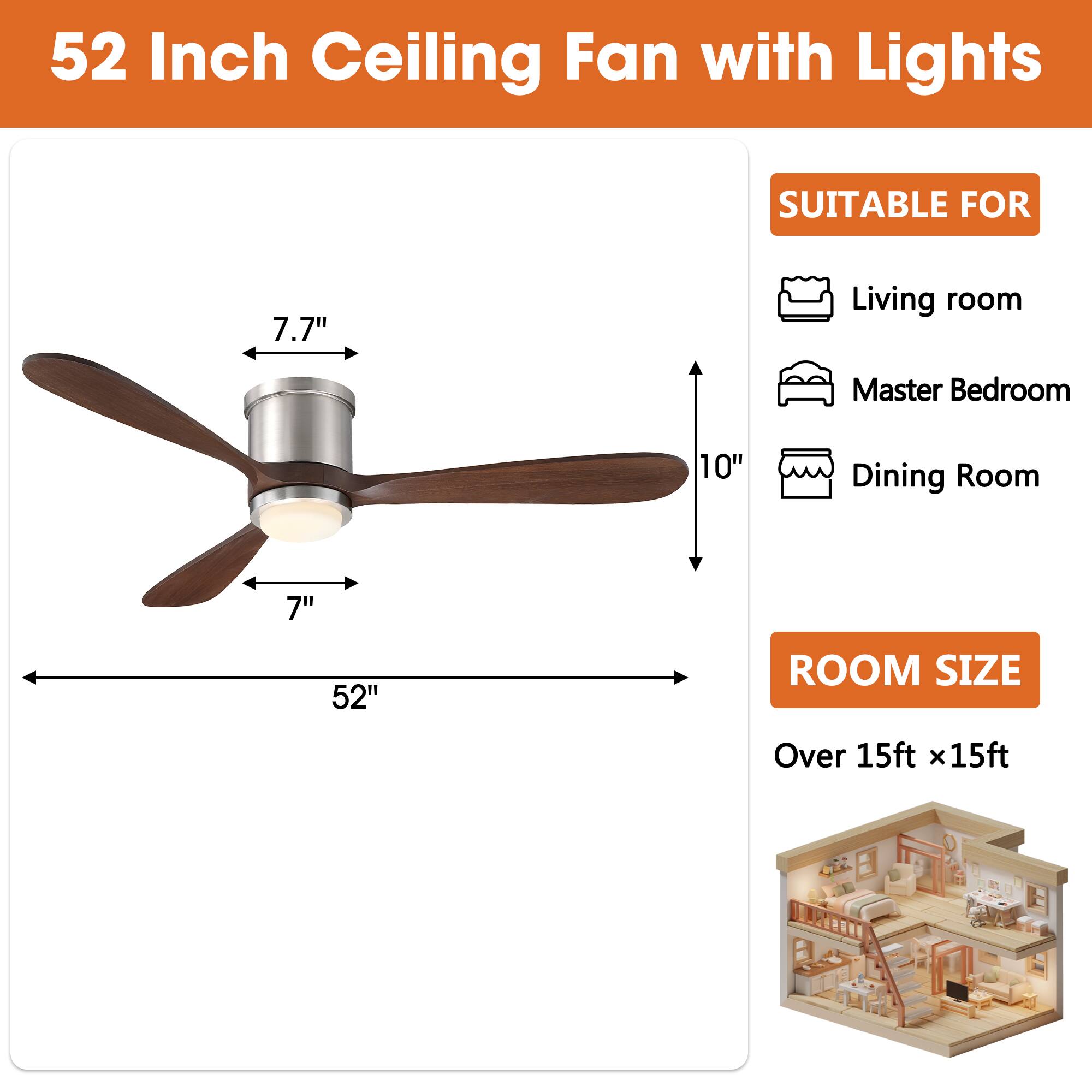 52 Inch Ceiling Fan with Lights

SUITABLE FOR
- Living room
- Master Bedroom
- Dining Room

ROOM SIZE
Over 15ft x 15ft