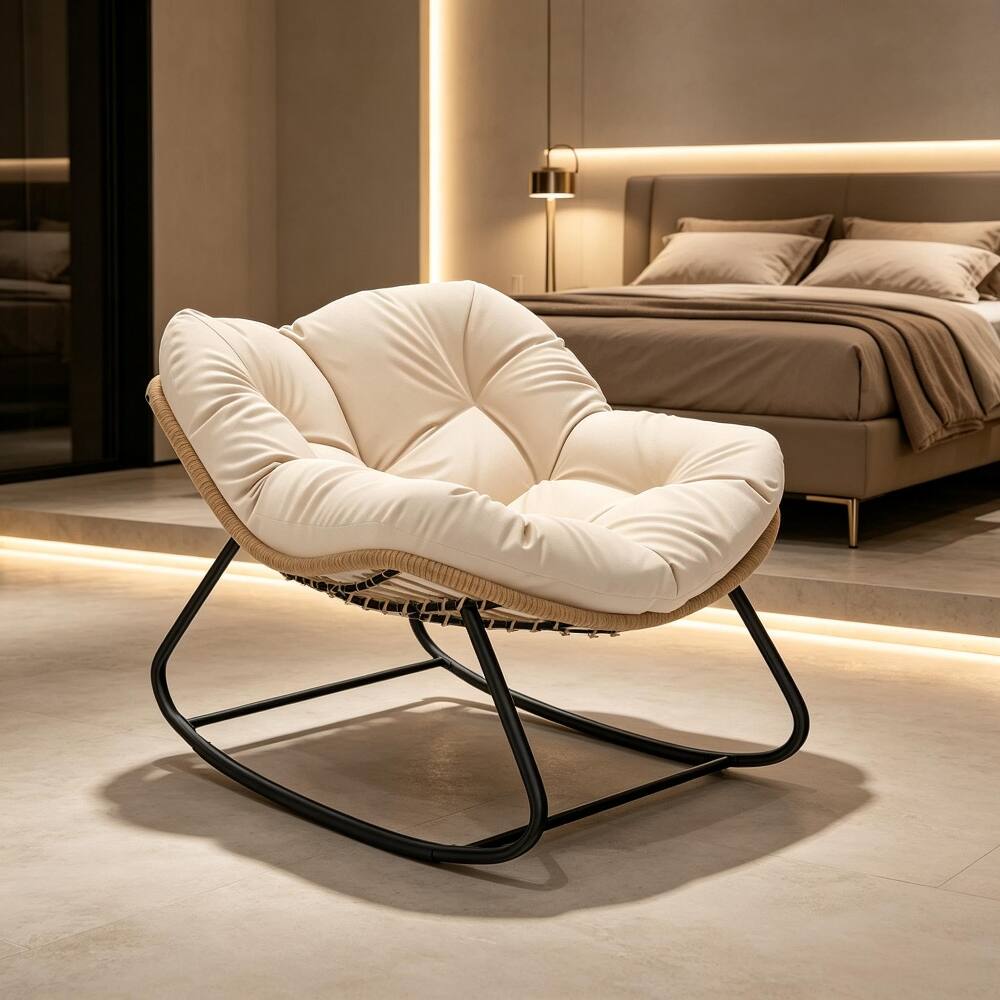 Angle. Loheer - Loheer Rocking Egg Chair Oversized Papasan Chair with Cushion - Cream White.