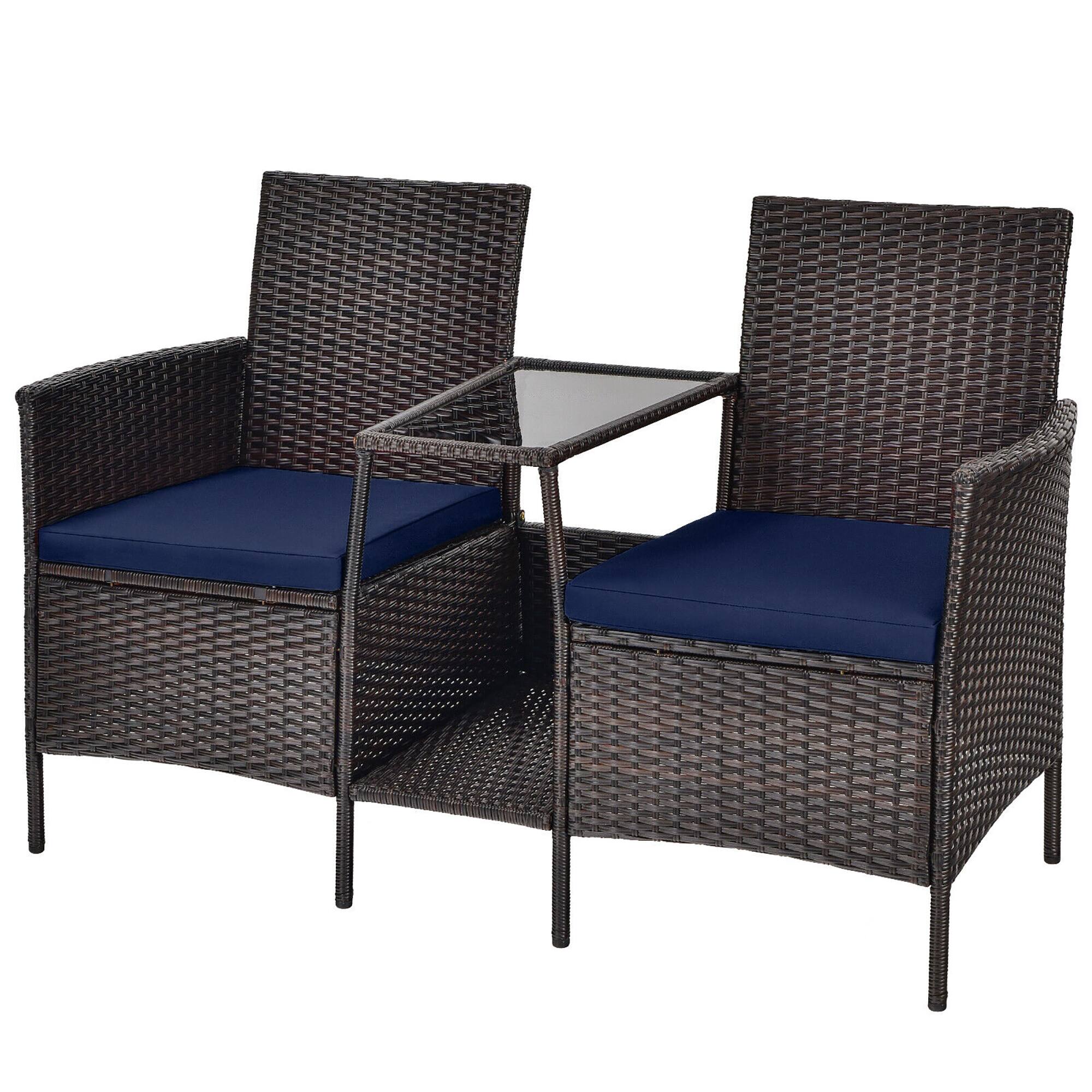 Alt View 1. Gymax - Gymax Patio Rattan Conversation Furniture Set w/ Loveseat Glass Coffee Table & Cushions Navy - Navy.