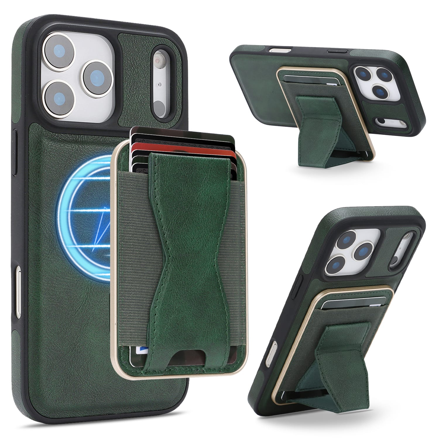 Dteck - Magnetic Case for Apple iPhone 17 Pro,Detachable Card Wallet Kickstand Phone Shell,Shockproof 2-in-1 Faux Leather Cover - Green
