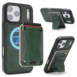 Dteck - Magnetic Case for Apple iPhone 17 Pro Max,Detachable Card Wallet Kickstand Shell,Shockproof 2-in-1 Faux Leather Cover - Green