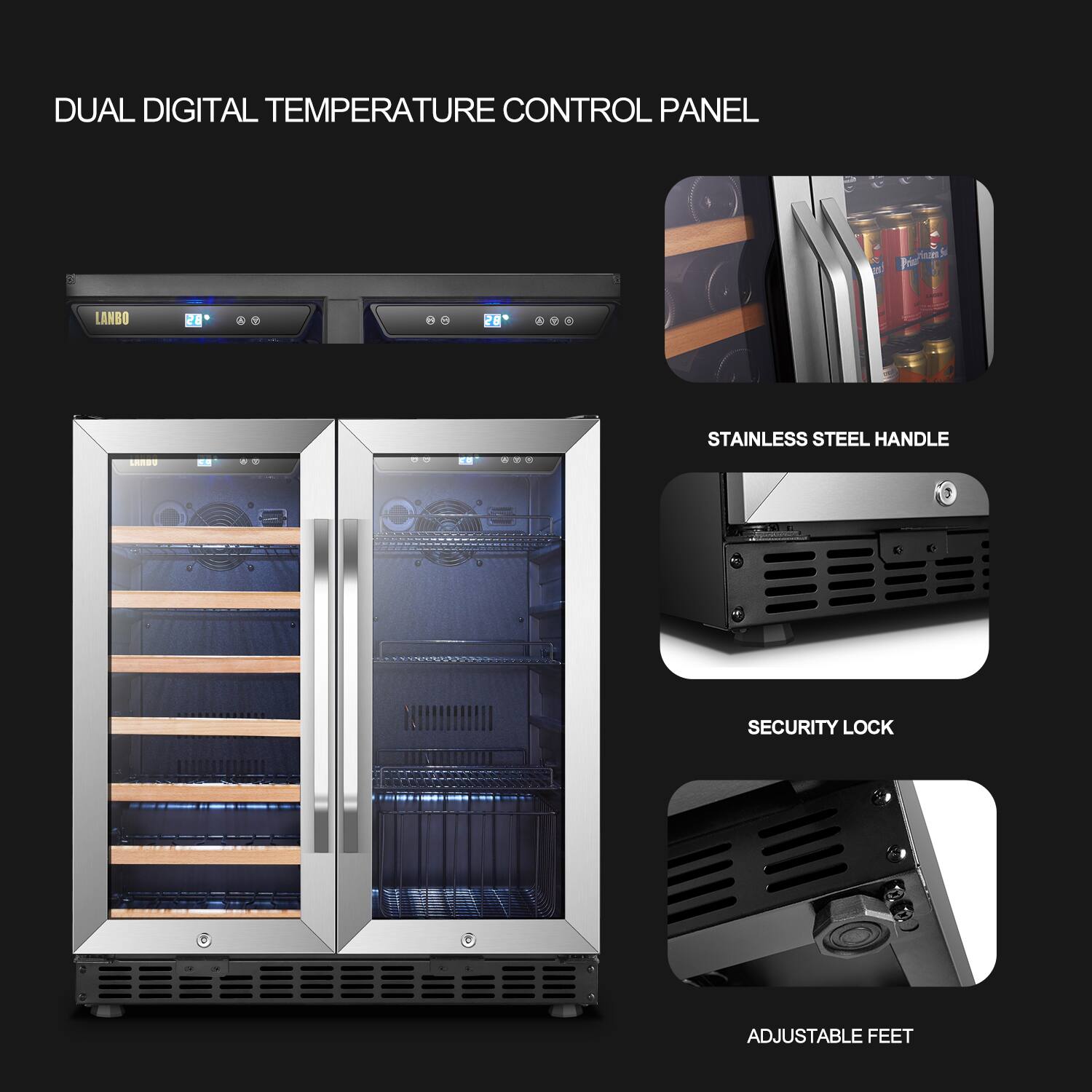 Alt View 11. Lanbo - 30 Inch width 76 Can 31 bottle  Freestanding/Built-In Wine and Beverage Cooler with French Doors and 2 Independent Zones - Black.