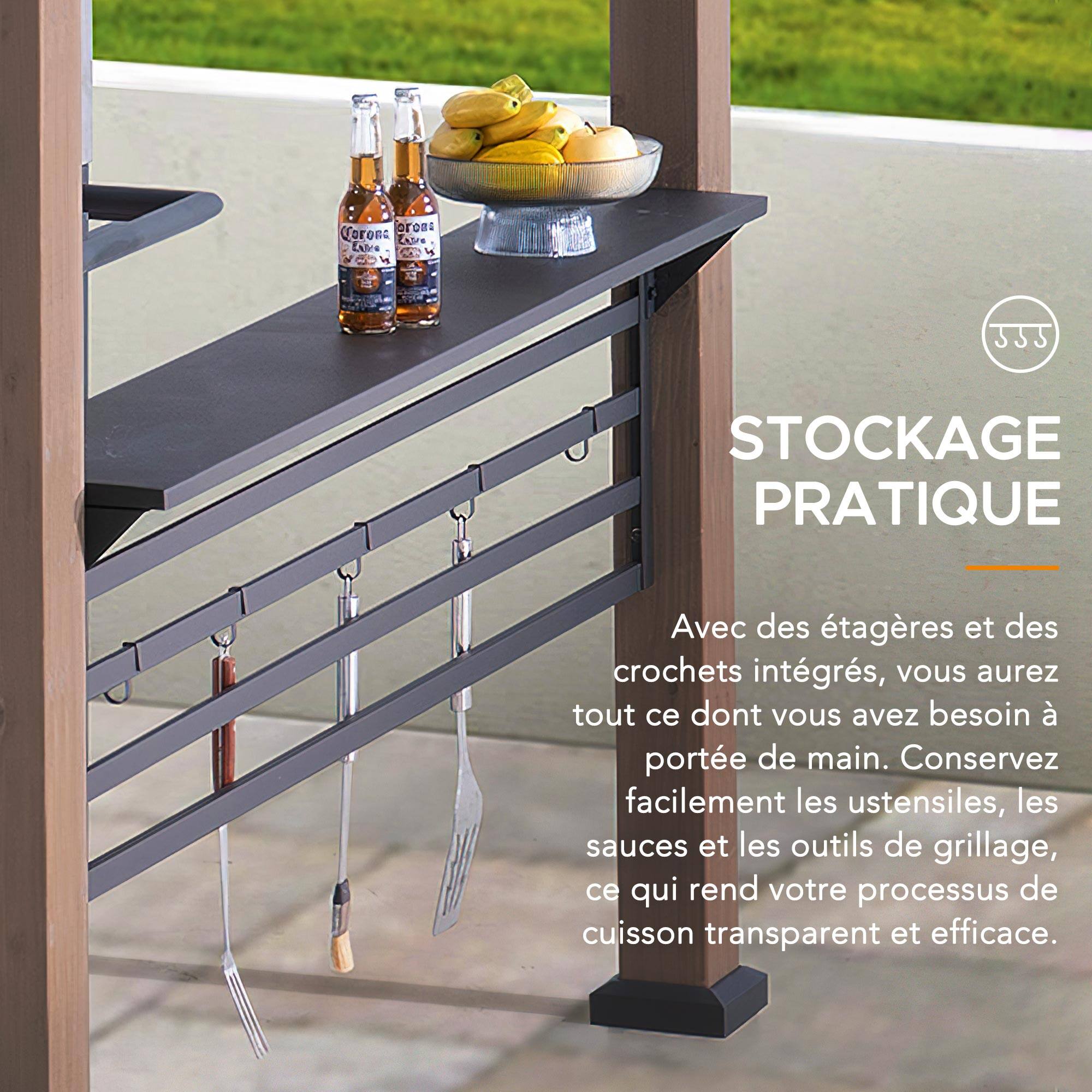 Crona n Lagre Extre J STOCKAGE PRATIQUE Avec des étagères et des crochets intégrés, vous aurez tout ce dont vous avez besoin à portée de main. Conservez facilement les ustensiles, les sauces et les outils de grillage, ce qui rend votre processus de cuisson transparent et efficace.