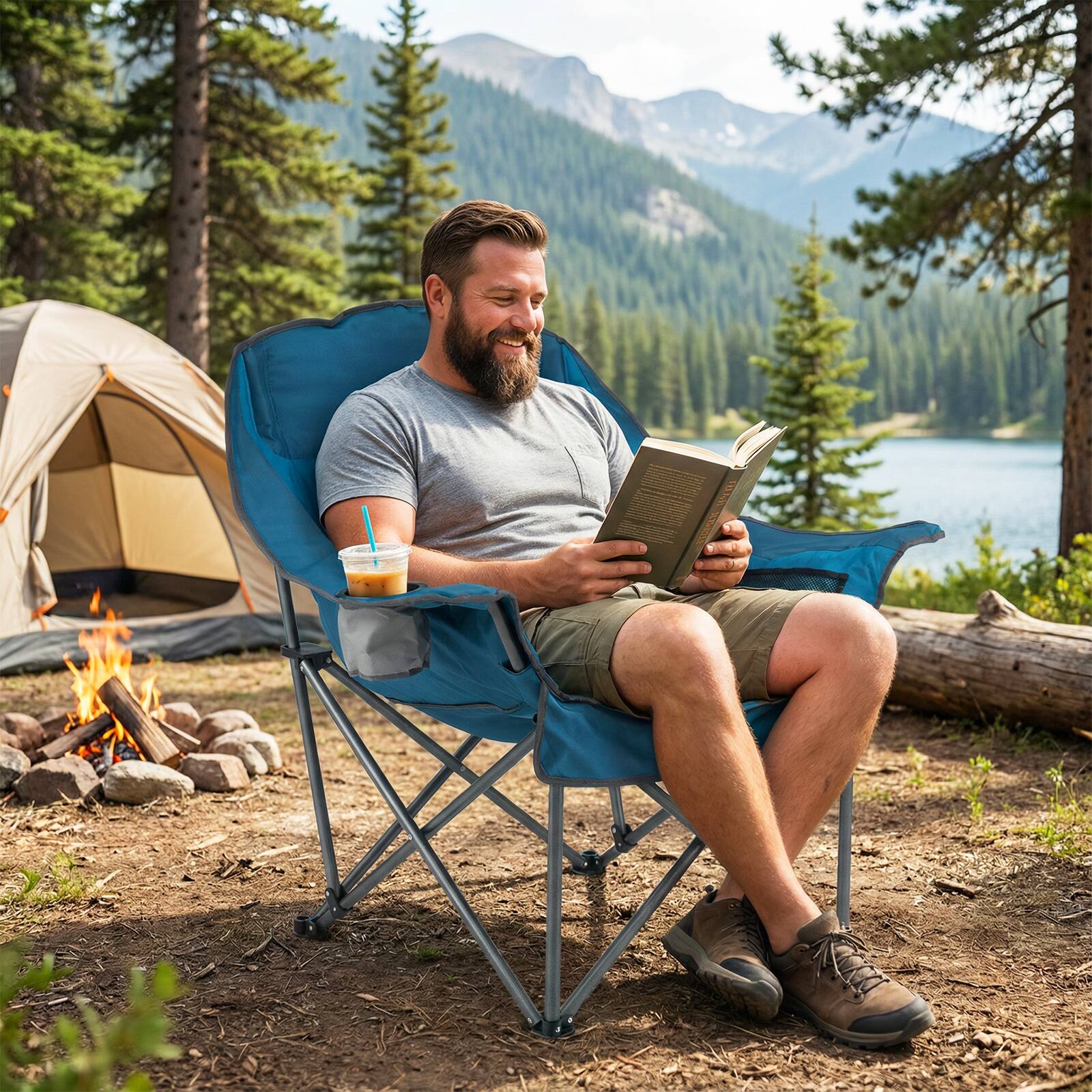 Alt View 3. Costway - Costway Oversized Camping Chair, Folding Upholstered Oxford Chair with Side Pockets - Blue.