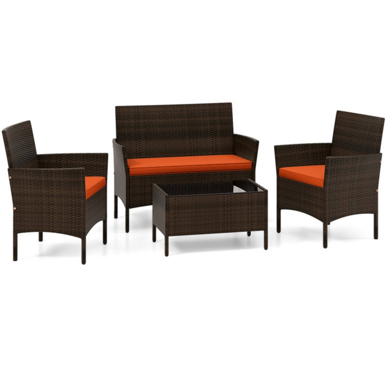 Alt View 6. Mondawe - 4-Piece Freestanding Rattan Conversation Set with Cushions and Glass Table - Mix Brown+Orange.