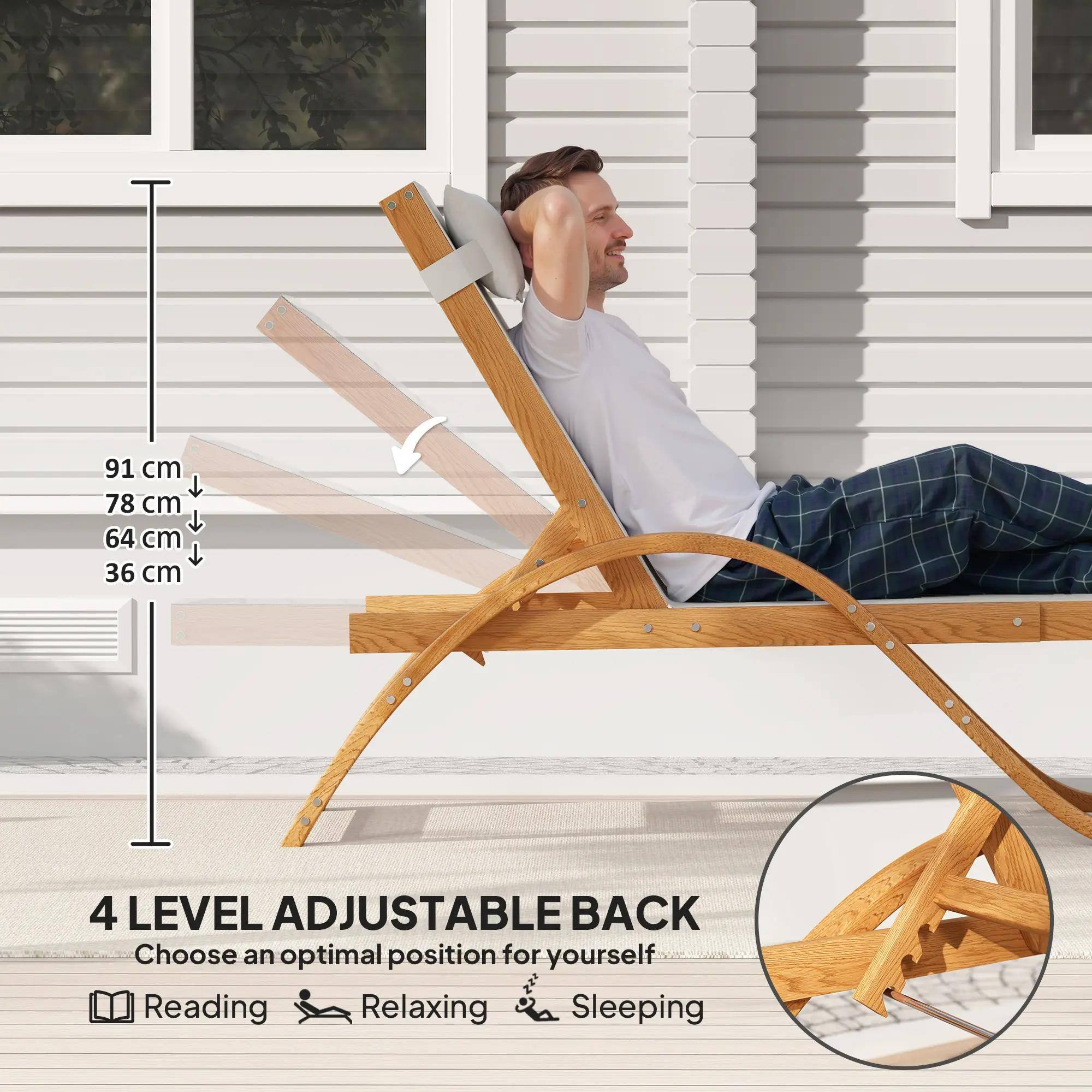 91 cm, 78 cm, 64 cm, 36 cm, 4 LEVEL ADJUSTABLE BACK, Choose an optimal position for yourself, Reading, Relaxing, Sleeping