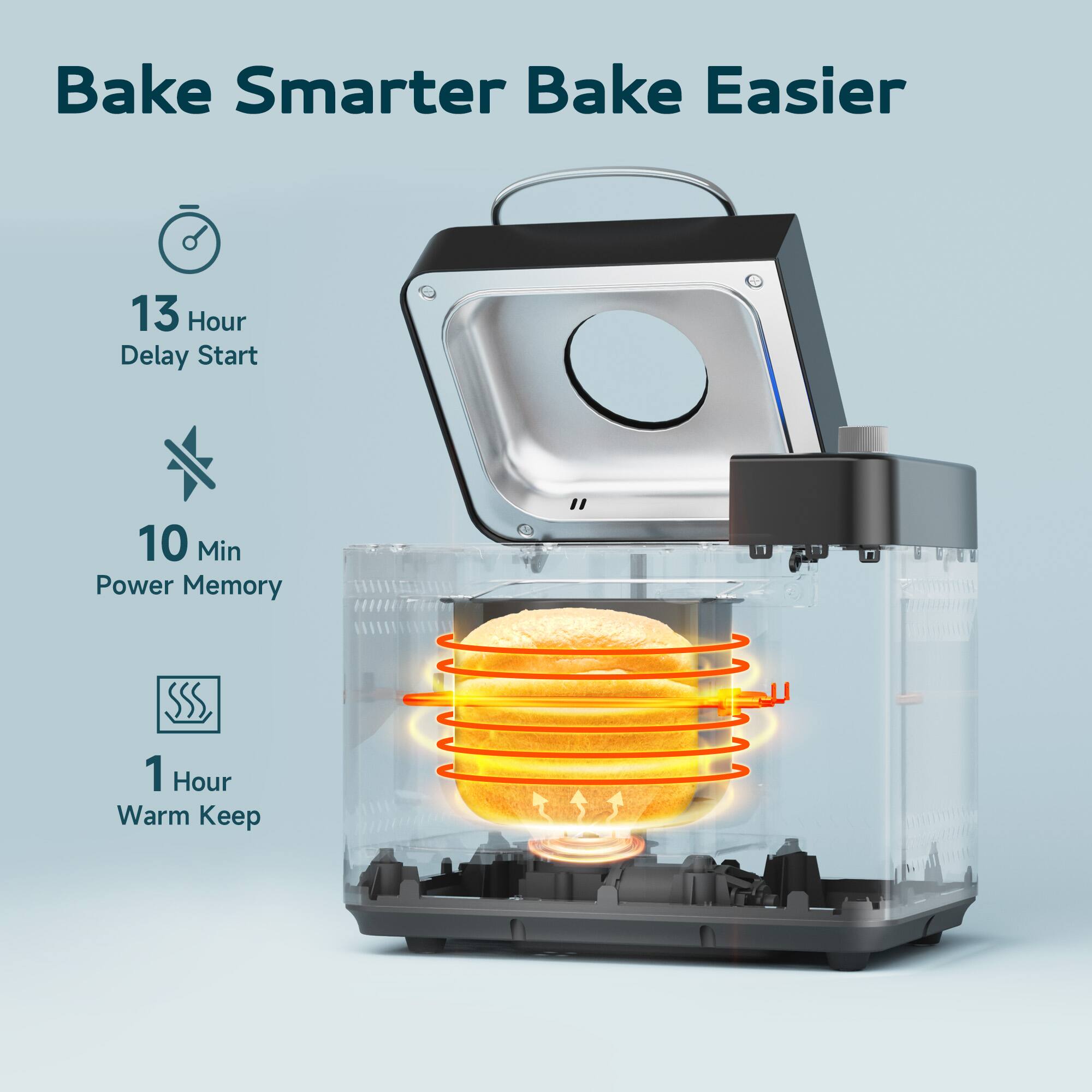 Bake Smarter Bake Easier

- 13 Hour Delay Start
- 10 Min Power Memory
- 1 Hour Warm Keep