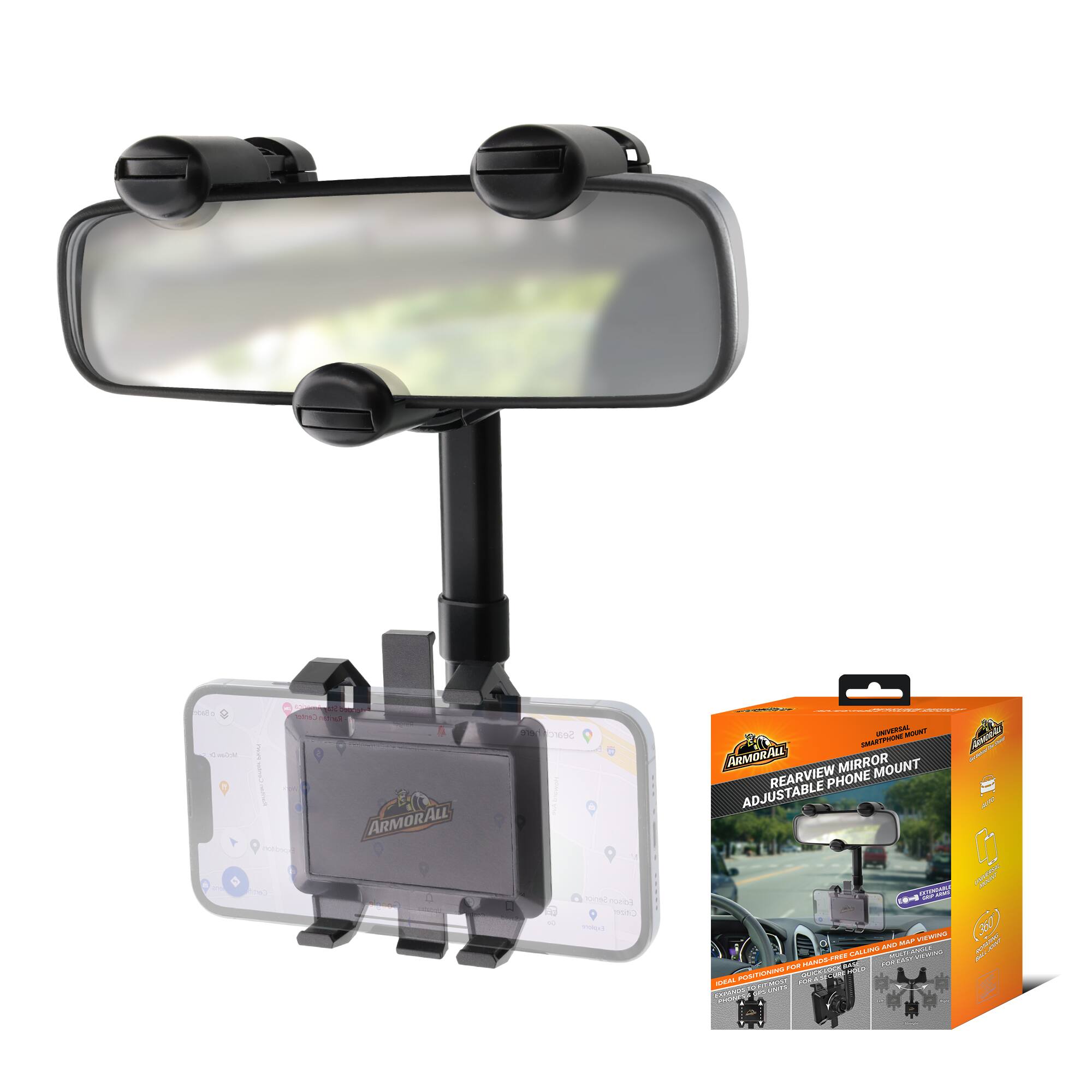 Armor All - Phone Mount for Car, Rear View Mirror Phone Holder, 360° Rotatable, Adjustable Telescopic Arm - Black