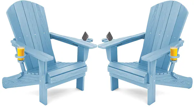 Front. SERWALL - Adirondack Chairs Set of 2 with Cup Holders,Composite Adirondack Chairs,HDPE Outdoor Chairs - Light Blue.
