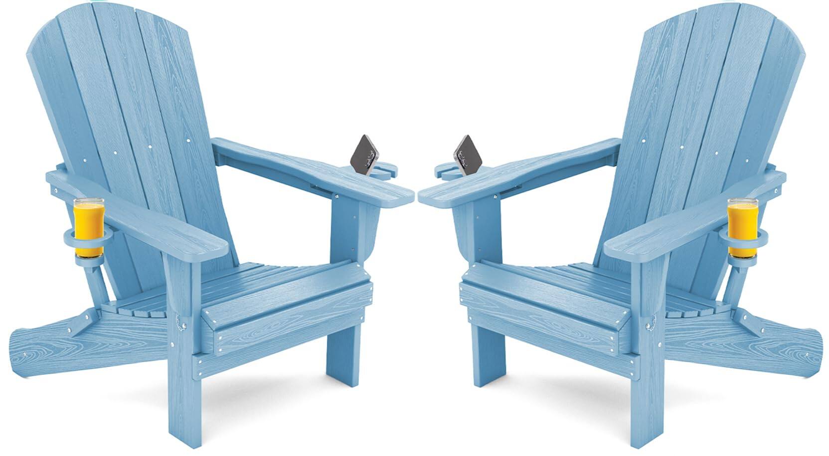 Front. SERWALL - Adirondack Chairs Set of 2 with Cup Holders,Composite Adirondack Chairs,HDPE Outdoor Chairs - Light Blue.