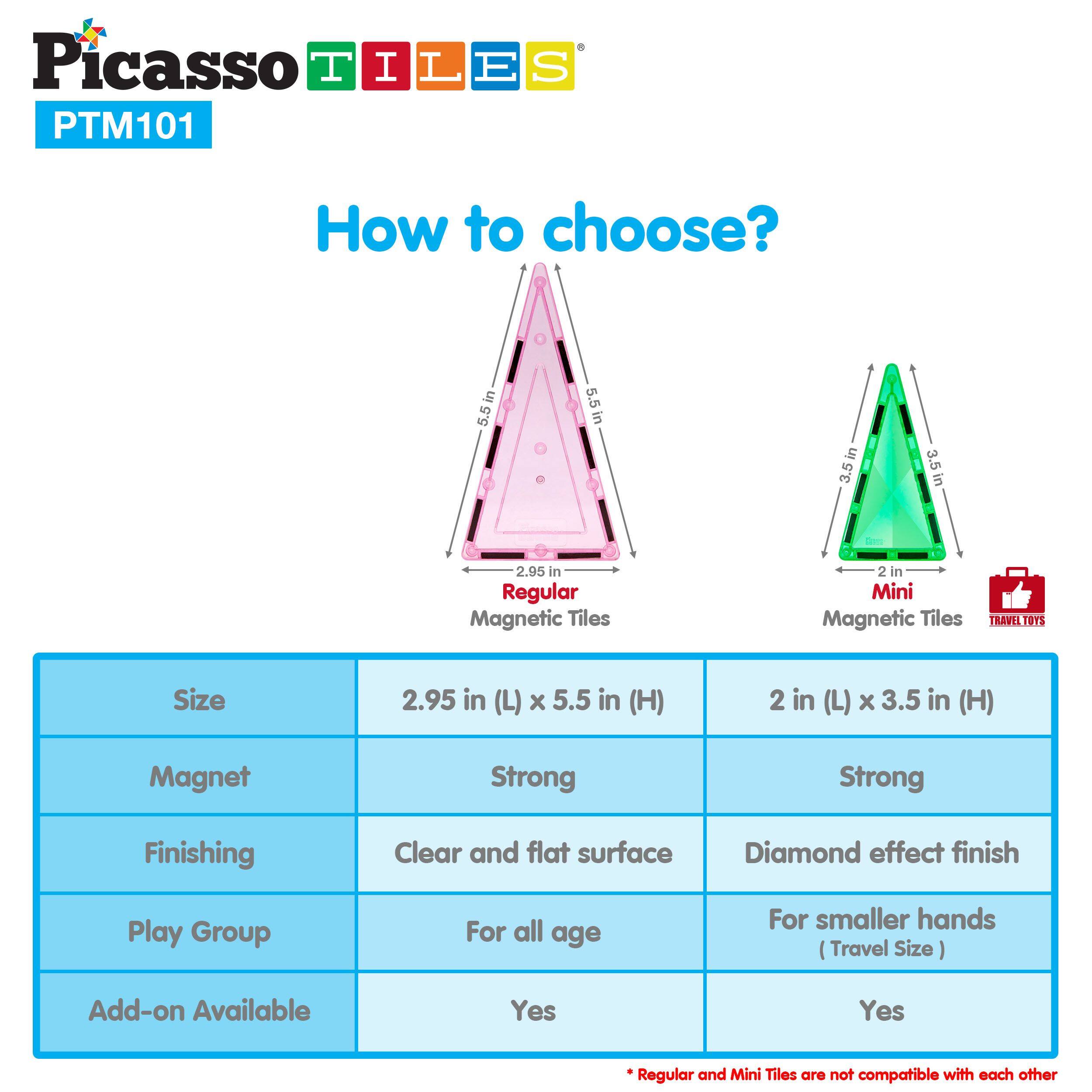 Picasso TOLES I I L E S PTM101 How to choose? Regular Magnetic Tiles 2.95 in (L) x 5.5 in (H) Mini Magnetic Tiles 2 in (L) x 3.5 in (H) Size 2.95 in (L) x 5.5 in (H) 2 in (L) x 3.5 in (H) Magnet Strong Strong Finishing Clear and flat surface Diamond effect finish Play Group For all age For smaller hands Travel Size) Add-on Available Yes Yes Regular and Mini Tiles are not compatible with each other