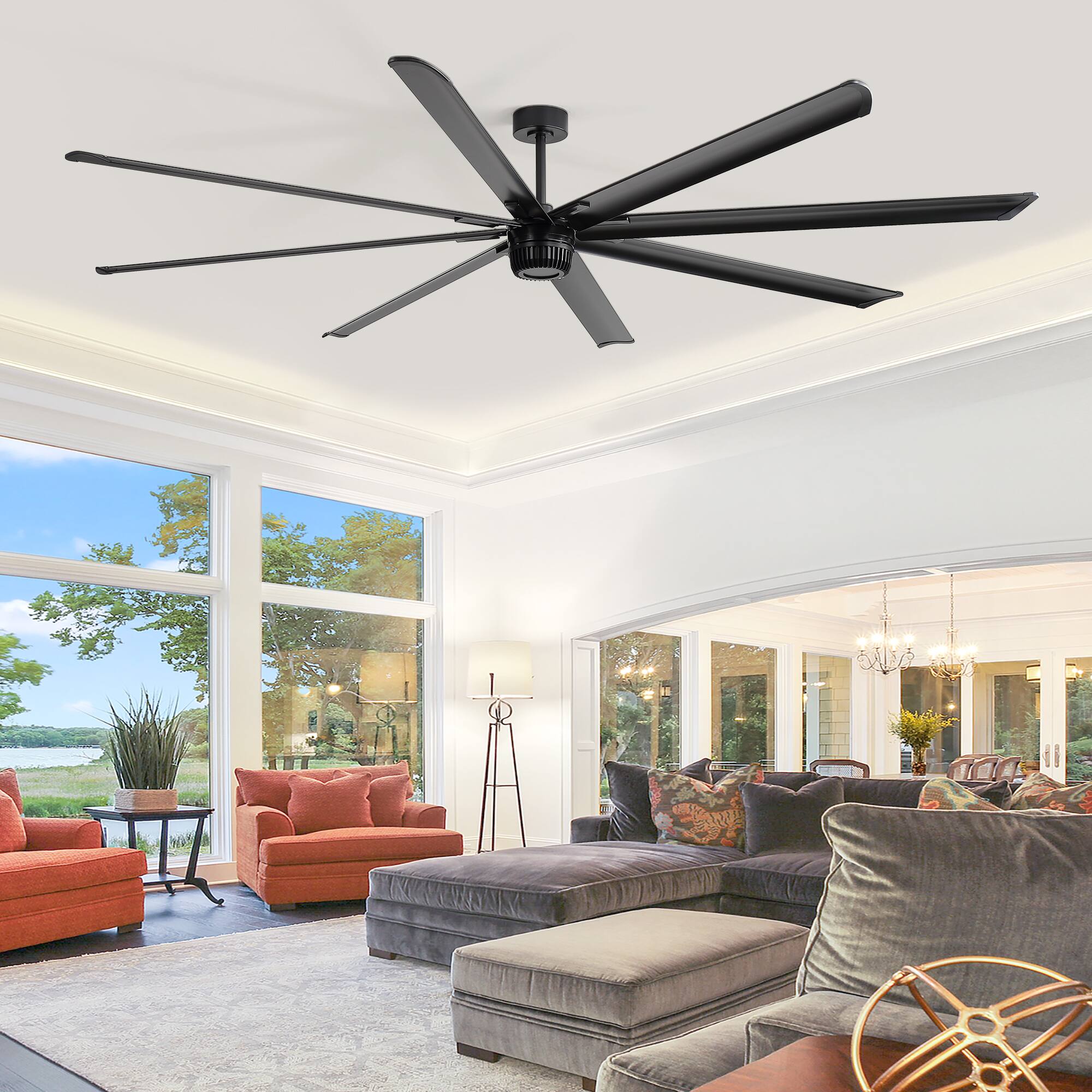 Front. Breezary - 100-Inch Industrial Ceiling Fan ,8 Aluminum Blades , 5"/10" Downrod,Remote Control - 100-inch black ceiling fan.