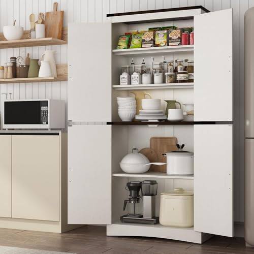 Alt View 4. Lent Glitter Wood - Farmhouse Style 4-Door Tall Cabinet Adjustable Shelves & Steel Pipe Reinforced Kitchen & Bathroom Storage - White.