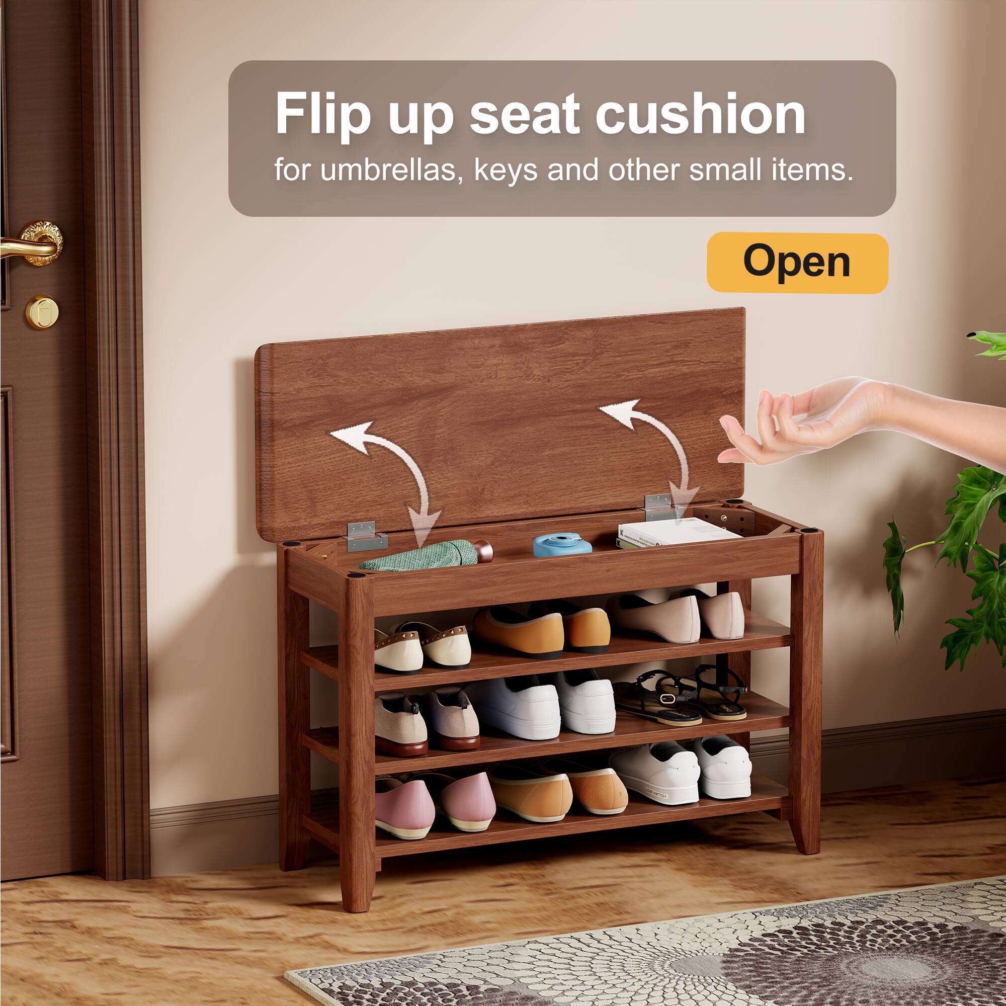 Flip up seat cushion for umbrellas, keys and other small items. Open