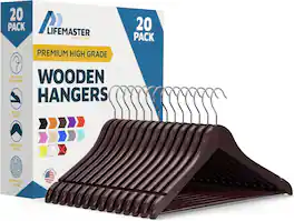Lifemaster - Wooden Clothes Hangers – 20-Pack, 360° Swivel Hook, Non-Slip Notch, Pants Bar, Holds 10 lbs, for Suits, Coats & Dresses - Cherry