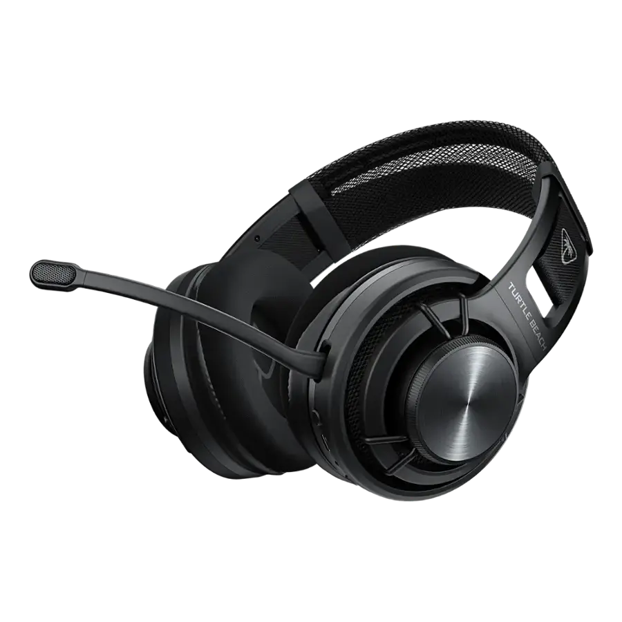 Turtle Beach is a company that produces headphones and gaming accessories. The image shows a close-up of a Turtle Beach headset, which includes a microphone and headphones. The headset is designed to provide an immersive gaming experience and is compatible with various gaming platforms.