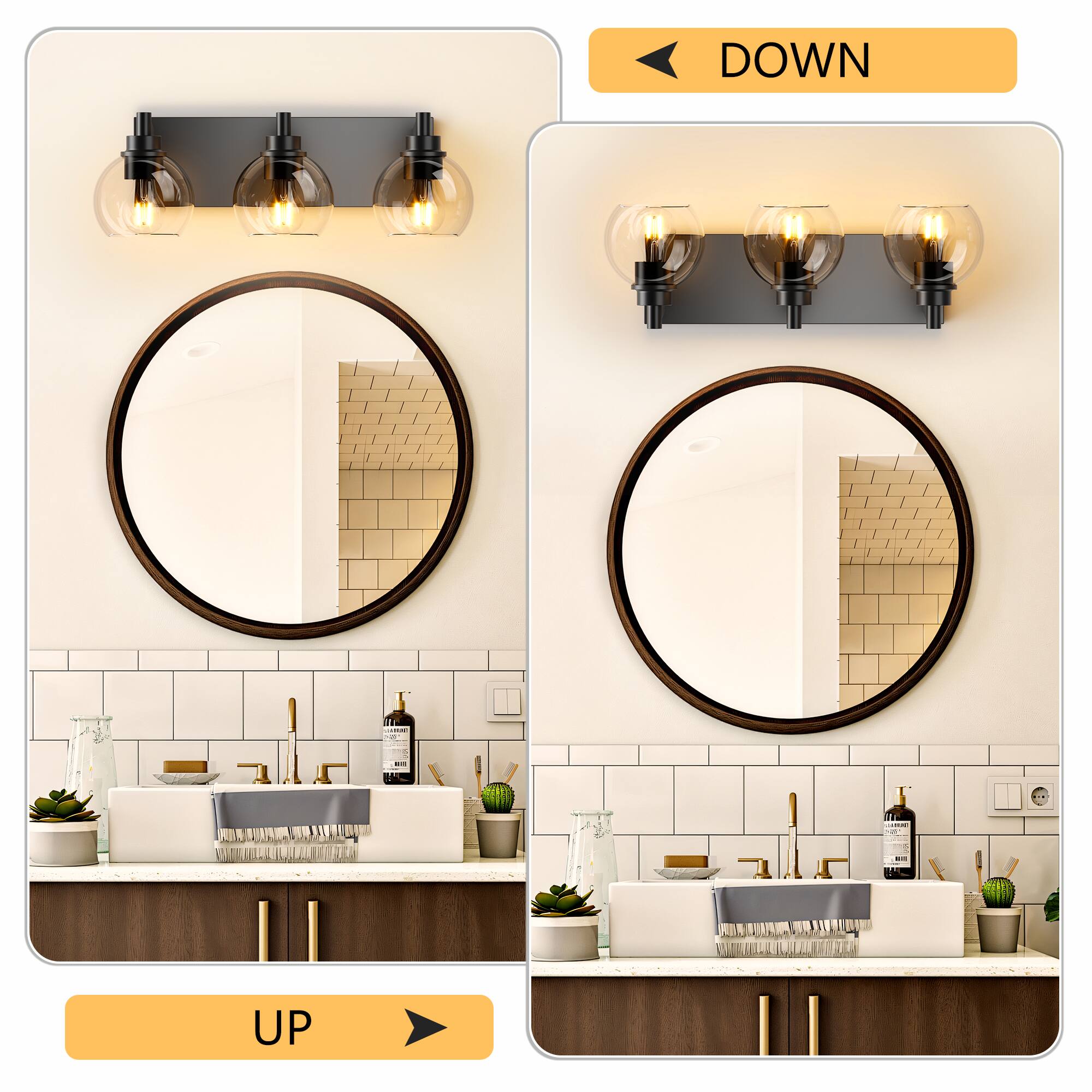 Left. APRILSOUL - Bathroom Vanity Light 3-Light Bathroom Lighting Fixtures Over Mirror with Clear Glass Shade and Metal Base Matte Black.